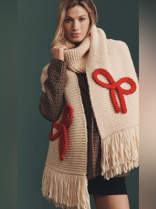 Maeve Accessories - NWT Maeve Cream Knit Fringe Scarf with Red Bow Appliqués